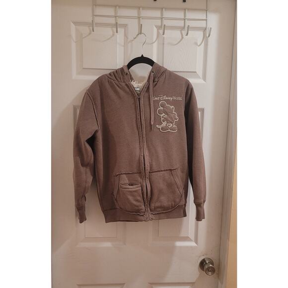 Walt Disney World Parks Sherpa Lined Hoodie Embroidered Mickey Light Brown Sz M - Picture 1 of 9